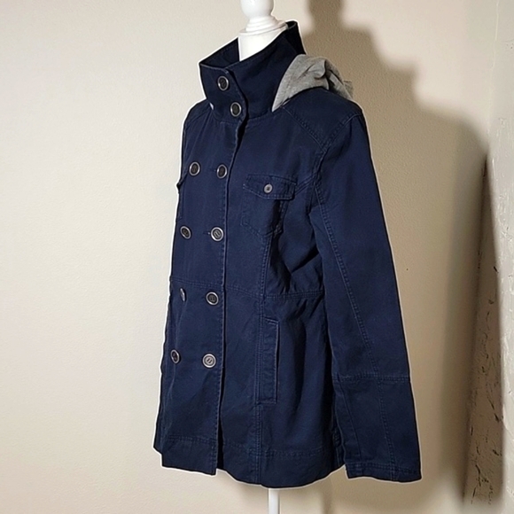 Hurley Winchester Woven Jacket Coat Hoodie Hooded Zip-Up Button Navy Blue Gray L - Picture 4 of 16